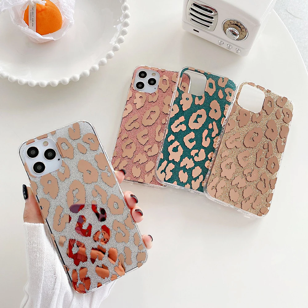 

For iPhone 11 12 Pro Max Case Plating Leopard Phone Cases Heat Transfer Gold Bling Clear TPU PC Mobile Cover Casings, Golden , rose gold ,silver ,blue