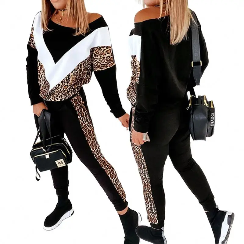 

2021 Fall Women Clothing Long Sleeve Colorblock Leopard Hoodie Sweatsuit Pants Jogging Suit Two Pieces Set