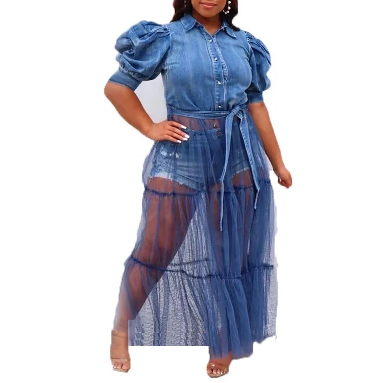 

Plus Size Women Summer Casual Denim Dress Women Long Sleeve Temptation Hollow Out Patchwork Splicing Mesh See Through Dress, Picture