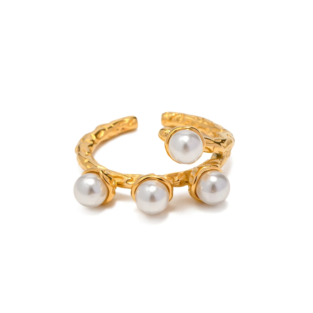 New Arrival 18K Gold Plated Stainless Steel Irregular Branch Fold Pearl White Open Ring for Girls