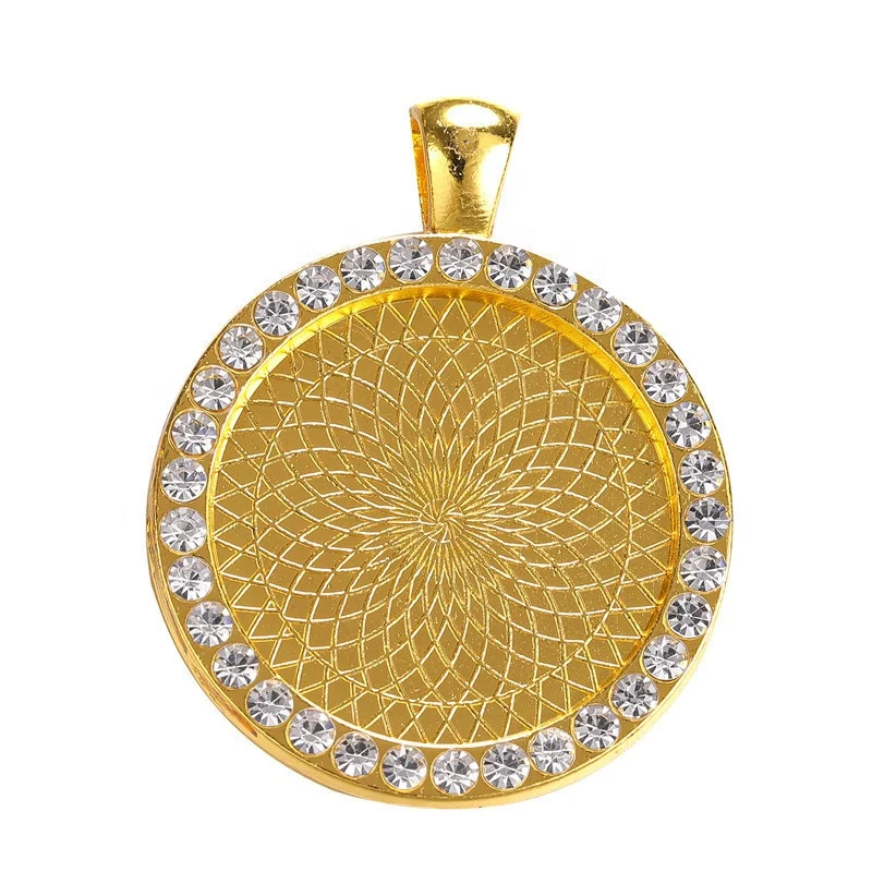 

25MM Gold Round Crystal Picture Frame Pendant Trays Blank Sublimation Pendants Ramadan Cabochon metal bezel Base Tray For Women