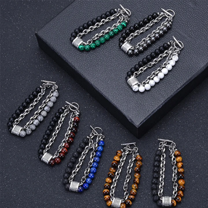 

Natural White Turquoise Beaded Bracelet Natural Stone Stainless Steel Chain Bracelet, Picture shows