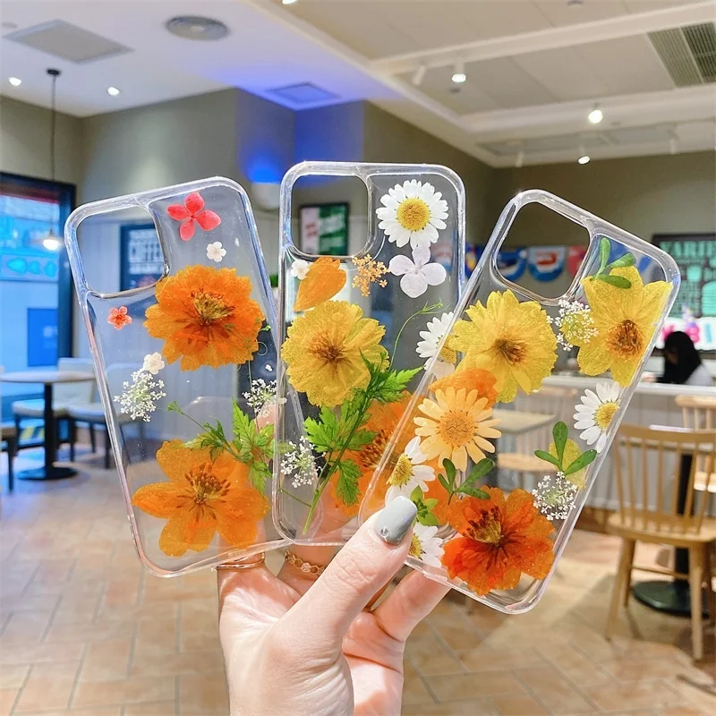 

Custom Design Epoxy Glue Phone Case Dry Flowers Transparent Cellphone Cover For iPhone Xs/11 12 Pro Max 12 Mini