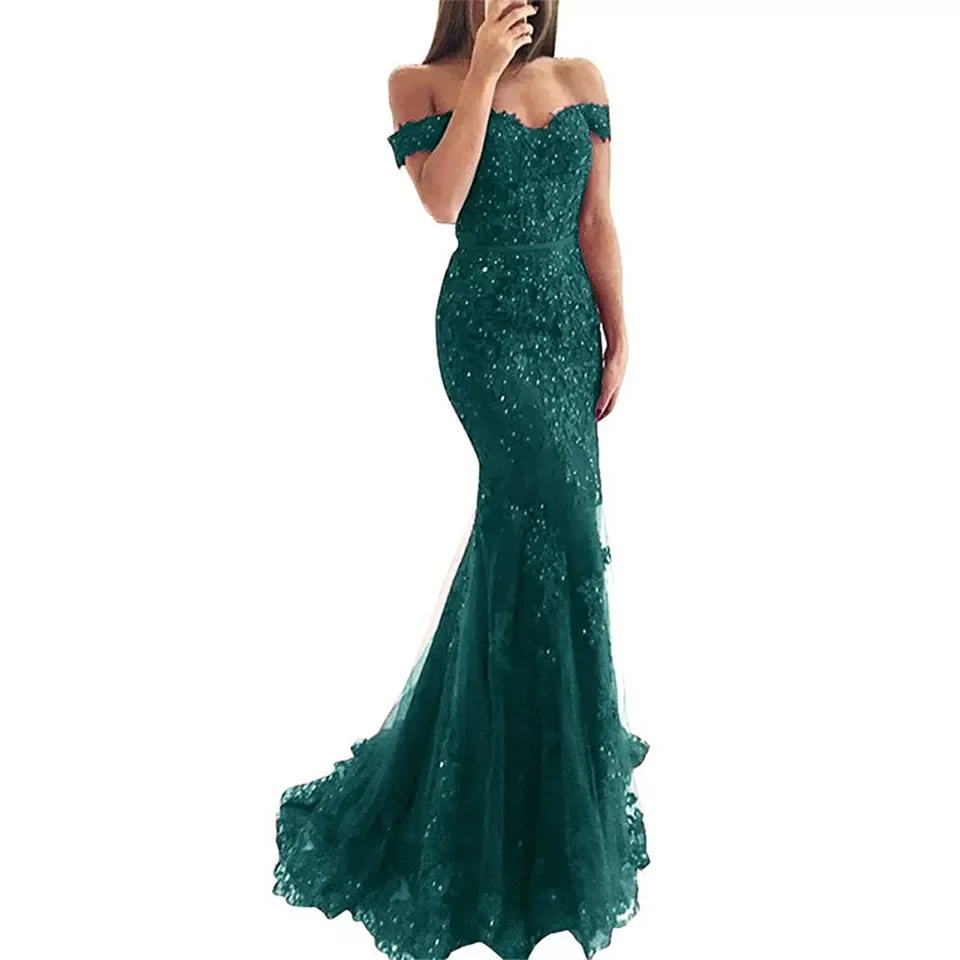 

Off shoulder Mermaid Prom Dress Lace Appliques Lace-up Back Formal Evening Gown