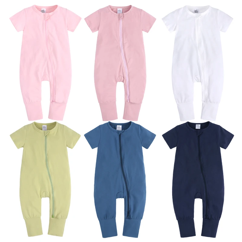 

Summer Short Sleeve Toddler Pure Color Zipper Newborn Baby Jumpsuit Romper