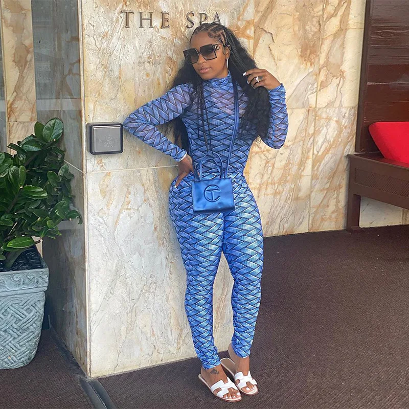 

JINHUA KUIYIN New Arrival Sexy Mesh Perspective Printing Long Sleeved Blouse Tight Trousers Suit