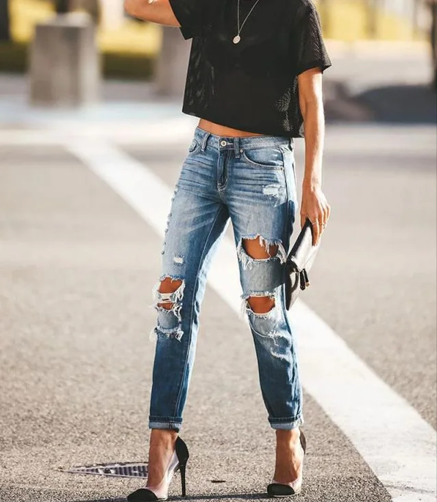 

2020 Custom Fashion Women Light Wash High Waist Skinny Distressed Jeans Women