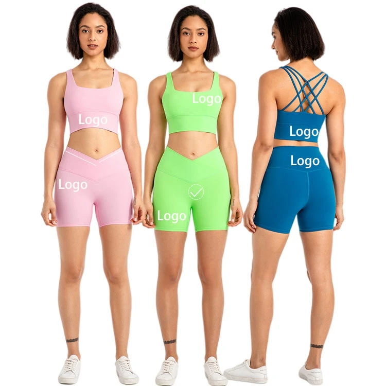 

2022 New Arrival 17 Colors Cross Front Shorts Women Workout Clothing Sportswear Outfit Set 2 Piece Yoga Sets, Customized colors