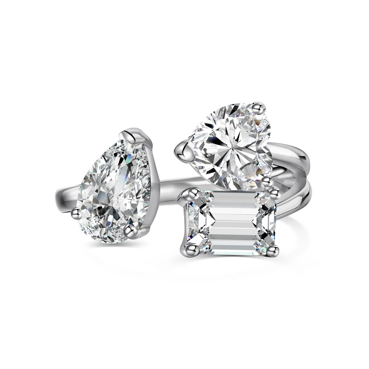 Dylam New Designer Elegance Fine Fashion Jewelry Rings Solid Sterling Silver Multiple Shape 1ct 5A Zirconia Open Adjustable Ring