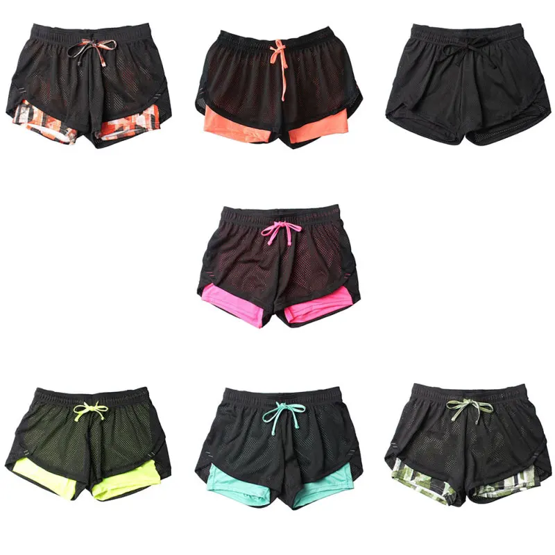 

2019 new Women Cotton Mesh Double Layer Fitness Cool Clothing Lace-up yoga Shorts, As the picture show