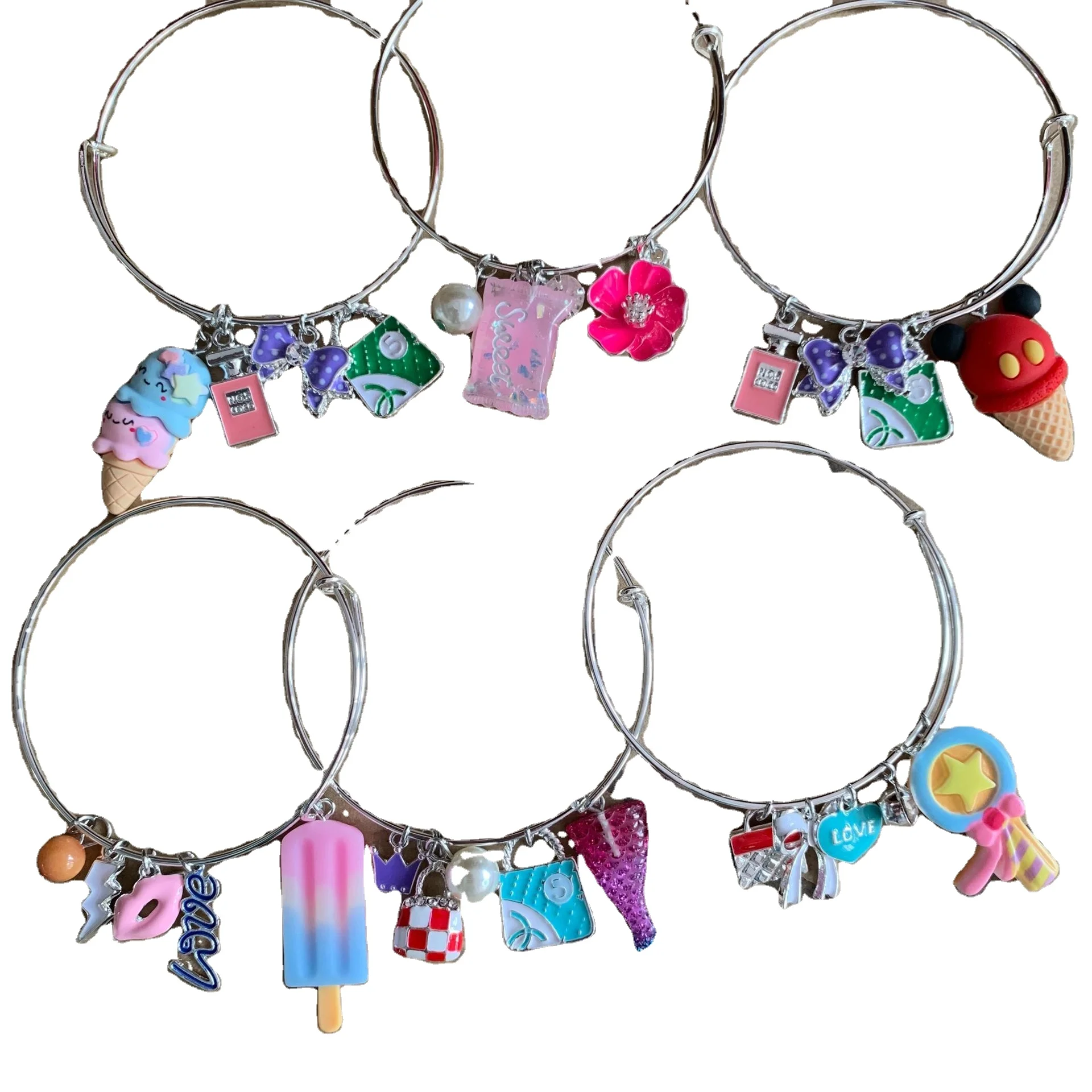 

2021 new design girls colorful charm bangle bracelets teenages kids cartoon bracelets icecream unicorn heart mermaid bracelets