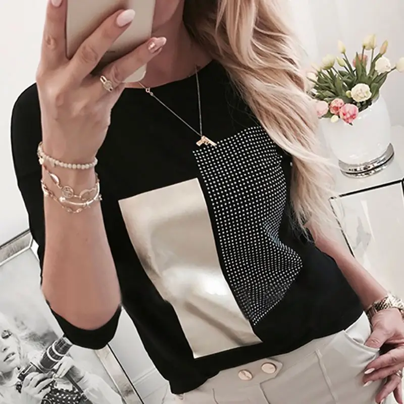 

2022 New Fashion Spring Women's Casual Hot Drill T-shirt Round Neck Printed Top For Women