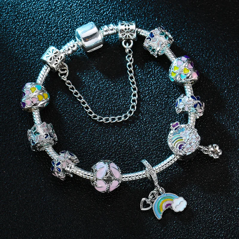 

2021 Newest Arrival Multi Color Enamel Butterfly Flower Beaded Bracelets Oil Drip Rainbow Charm Bracelets For Girl