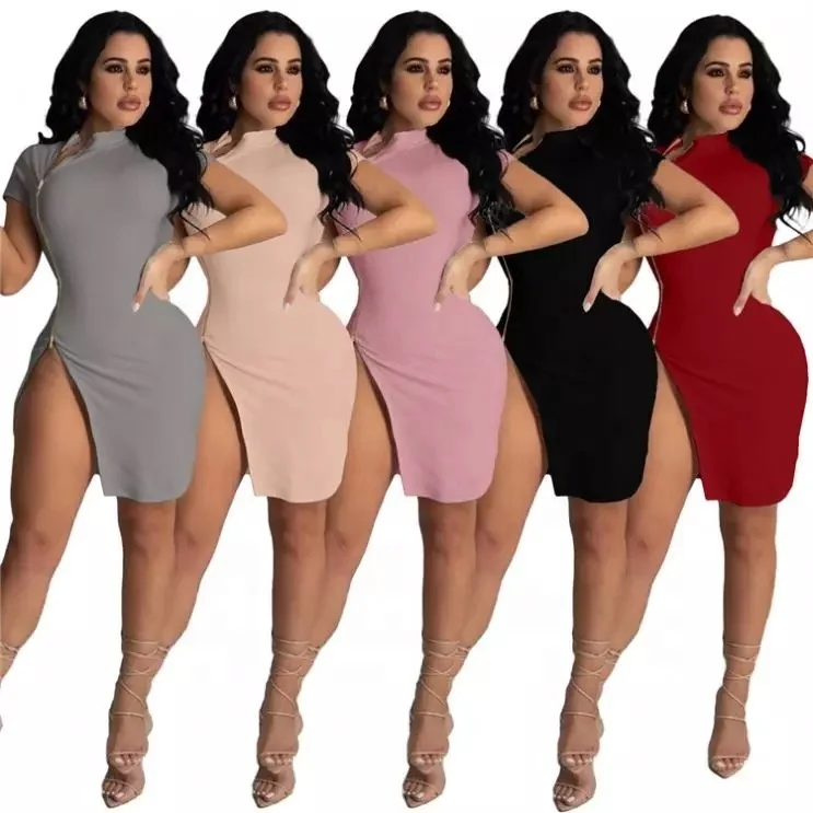 

Jiehao New Arrival Fashion Double-headed Zipper Split Short Sleeve Round Neck Casual Dresses For Women, Red,gray,black,pink,khaki