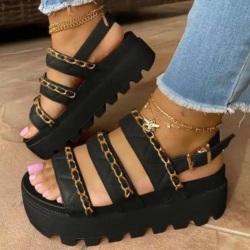 

Increased wear-resistant artificial PU metal chain shallow belt buckle platform with flat heel women's wedge sandals