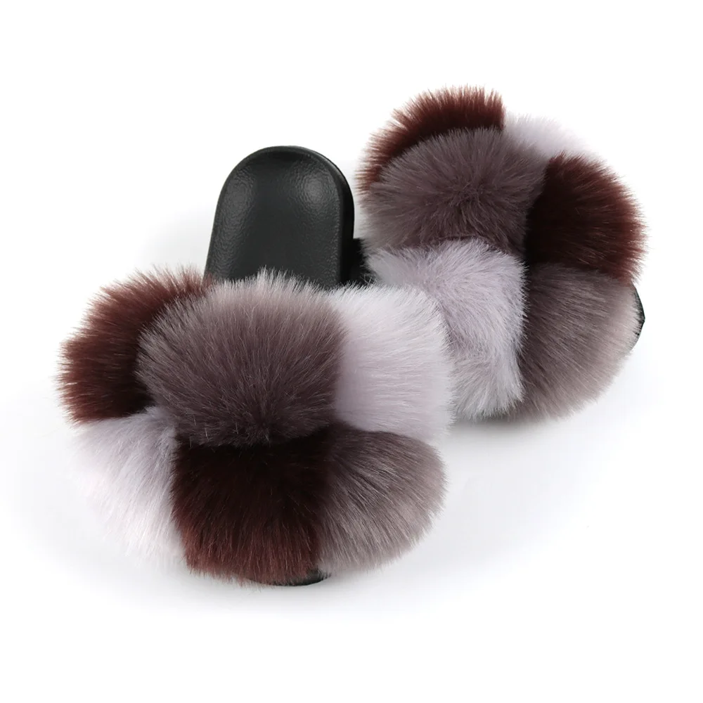 

2021 new product hot sale color matching women's shoes plush fur slippers hair ball slippers, Picture