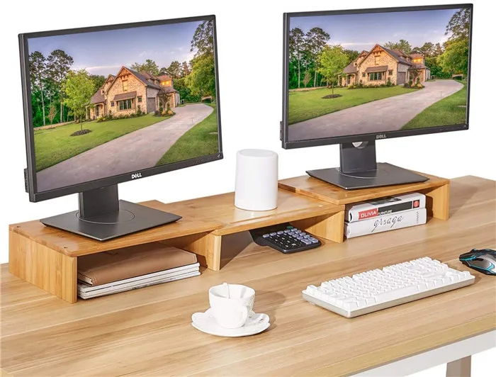 
Bamboo Dual Monitor Stand Riser with Length and Angle Adjustable 