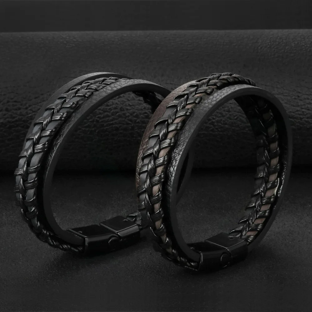 

New Arrival Mens Leather Bracelet with Magnetic Clasp Multi-Layer Braided Leather Mens Bracelet For Men