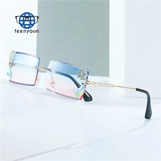 

Teenyoun Luxury Fashion Female Sunglasses 2023 New Women Metal Diamond Bling Gradient Lens Shades Eyewear Small Square Rimless