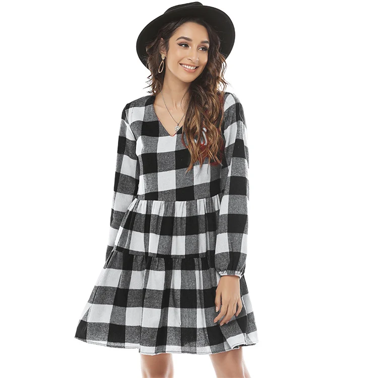 

Women's Dress Plaid Skirt Printed Loose Lantern Sleeve Ruffled Hem Long Sleeve Dress`, As picture