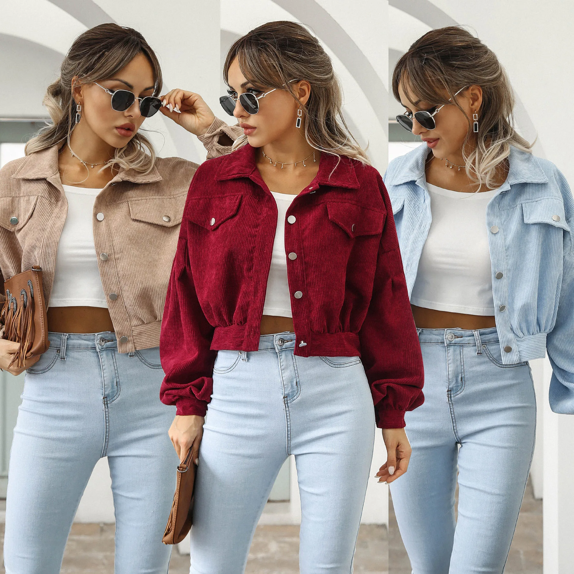 

2021 Autumn Fall Winter Single Breasted Flannel Crop Jacket Coat Balloon Sleeve Jacket Women