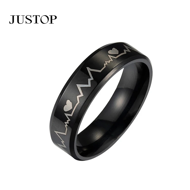 

Fashion Sweet 8mm Black Heartbeat Rings Waterproof Heart Engraved Stainless Steel Couple Ring for Lover