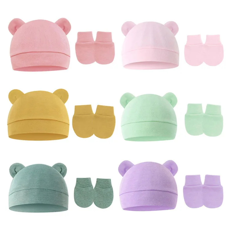 

Newborn Baby Scratch Resistant Mittens and Hat Set Solid Color Cotton Newborn Girls Boys Ears Beanie Cap Single Layer
