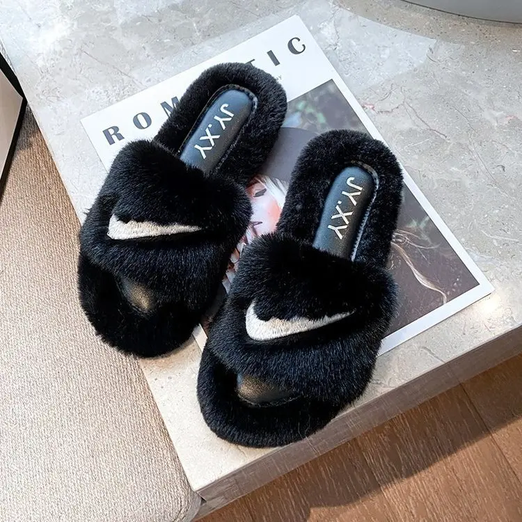 

Furry Slippers Women's Fall/winter New Fashion Flat-bottomed Slippers PVC Fur Winter Rubber Autumn Outdoor Slippers Anti-slip