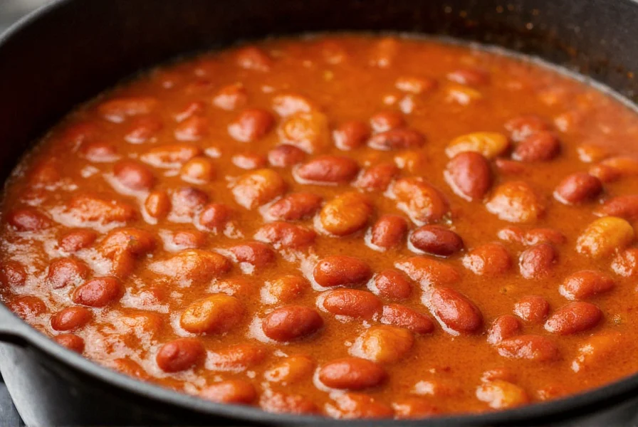 Perfectly cooked chili with beans in a cast iron pot showing distinct kidney beans in rich red sauce
