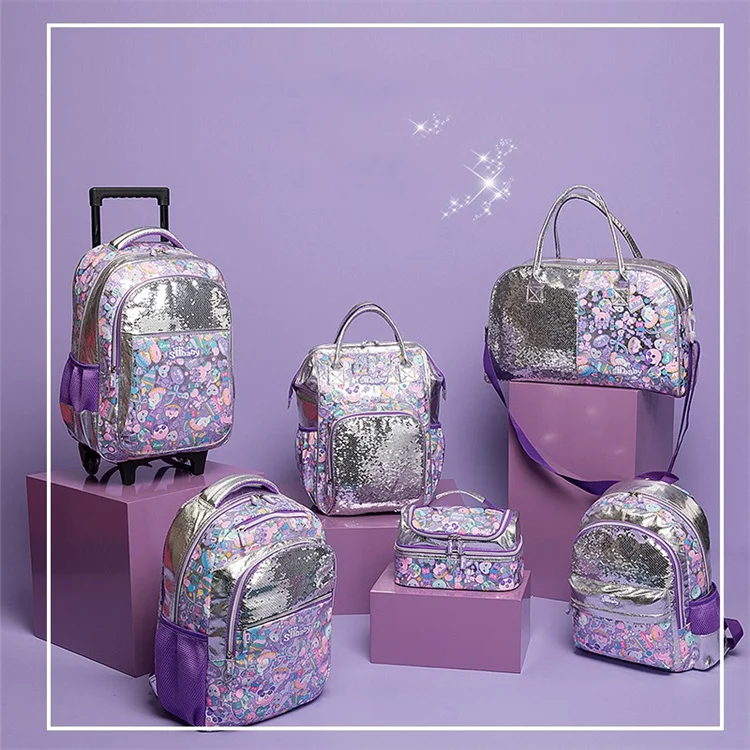 

2023 School Trolley Bags Purple Luxury Sequins Children School Backpack Set With Wheels School Bags For Girls Set