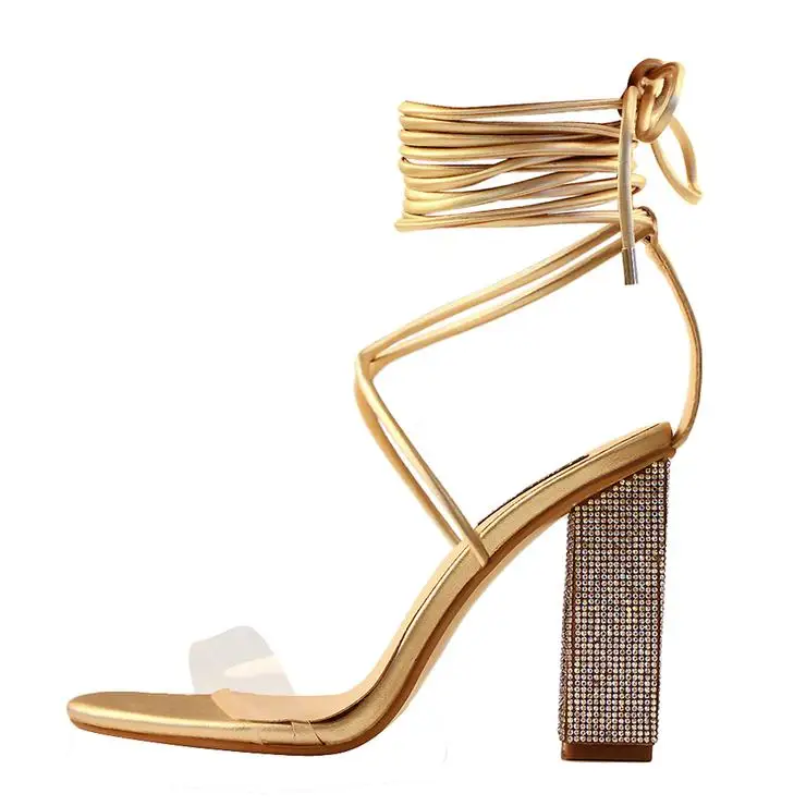 

Factory Direct Supply High Heels Shoes Sandals Pointed Luxurious Rhinestone Chunky High Heel Lace up Sandals, Black