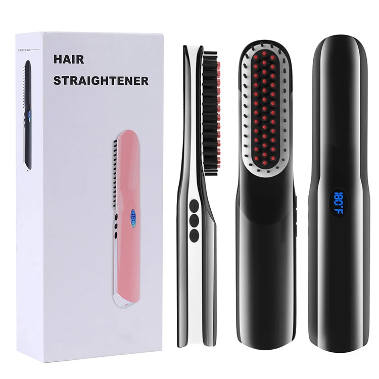 

Dropshipping 2 in 1 USB Rechargeable Hair Beard Straightener Brush Comb Home Travel Cordless Hair Beard Straightener