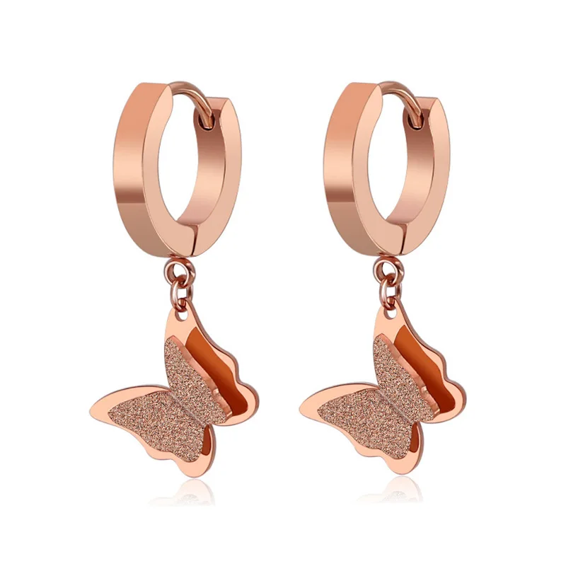 

Fashion Titanium Steel Frosted Double Layer Butterfly Pendant Earrings Stainless Steel Rose Gold Round Earrings, Gold rose gold,silver