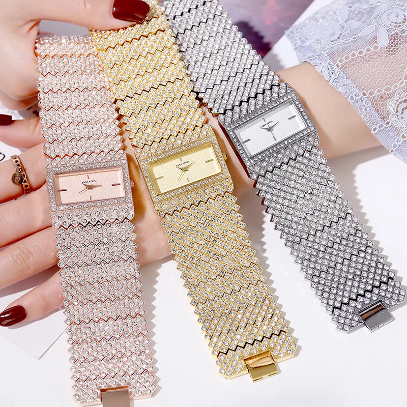 

2021 New Design Full Crystal Bling Bling Square Watch For Valentine's Gift