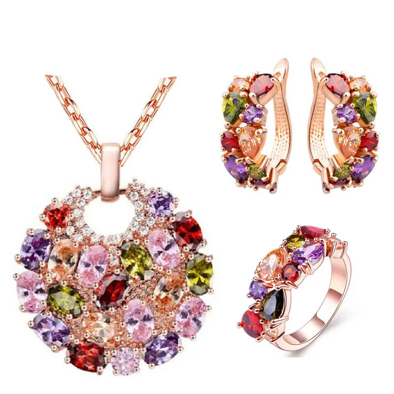 

HOVANCI Women Fashion Wedding Jewelry Sets 7 Colored Crystal Zircon Earrings Necklace Bridal Jewelry Set, White,green,blue,red
