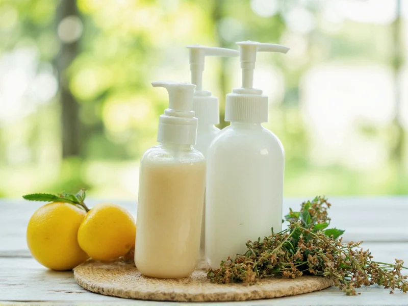 Homemade shampoo ingredients in glass bottles with herbs