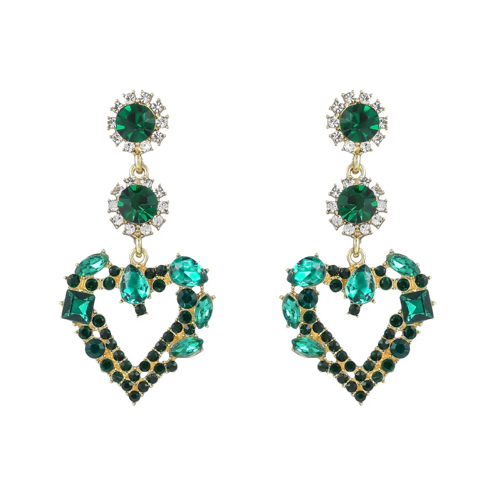 

Retro Palace Style Full Diamond Heart Shaped Emerald Earrings Geometric Long Earrings 925 Silver Needle Earrings Female