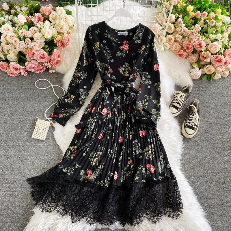 

Manufacturer Spring Autumn Casual Vintage Chiffon Midi Long Sleeves Dress For Women, Picture color