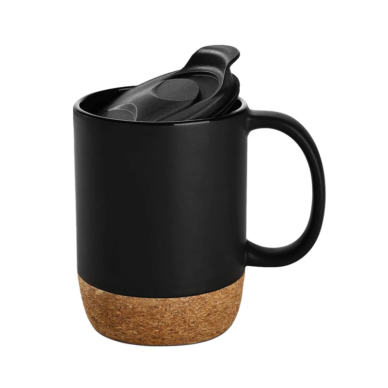 

High Quality custom logo Cork Base Creative Gift Ceramic Coffee Mug with Lid, Black,white