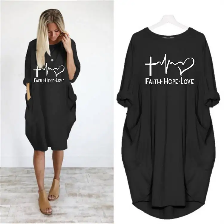 

Round Neck Long Sleeve Printed Autumn and Winter Loose Dress, As picture