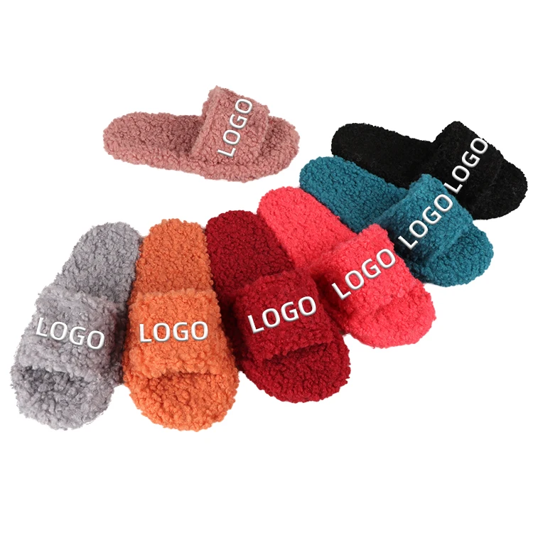 

OEM custom logo outdoor fuzzy fur slippers for women and ladies furry female slides footwear sandals for women, Customized color