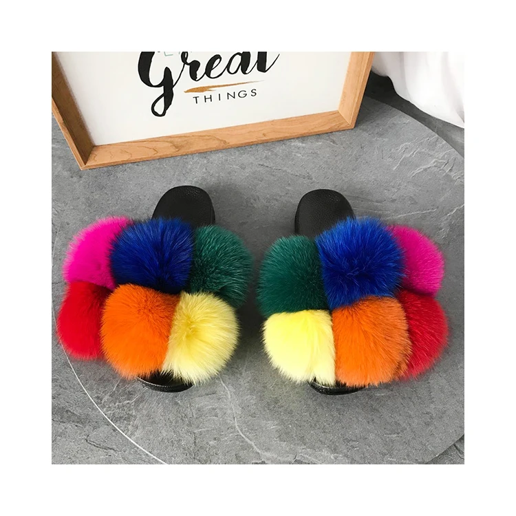 

Quantity Discounts Fashion Trend Real Fluffy Fur Slides Slippers Real Fox Fur Slippers Women, Customized color