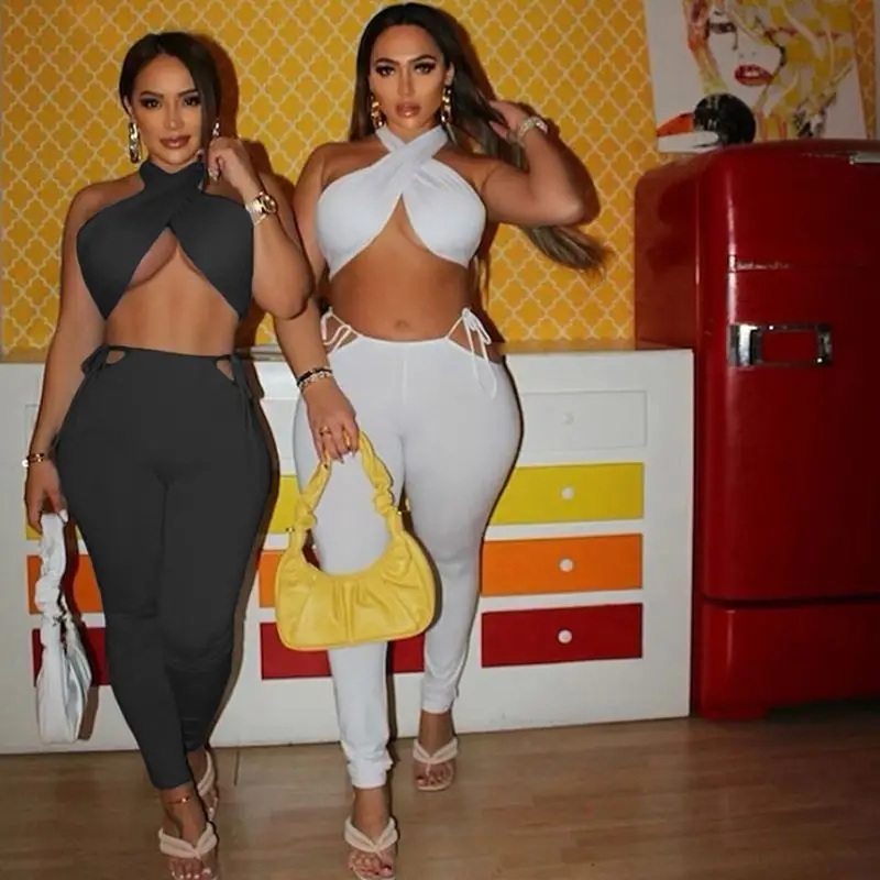 

New Summer Ladies Sexy Bandage Hollow Out Tank Top Women's Vest Two Piece Pants Set