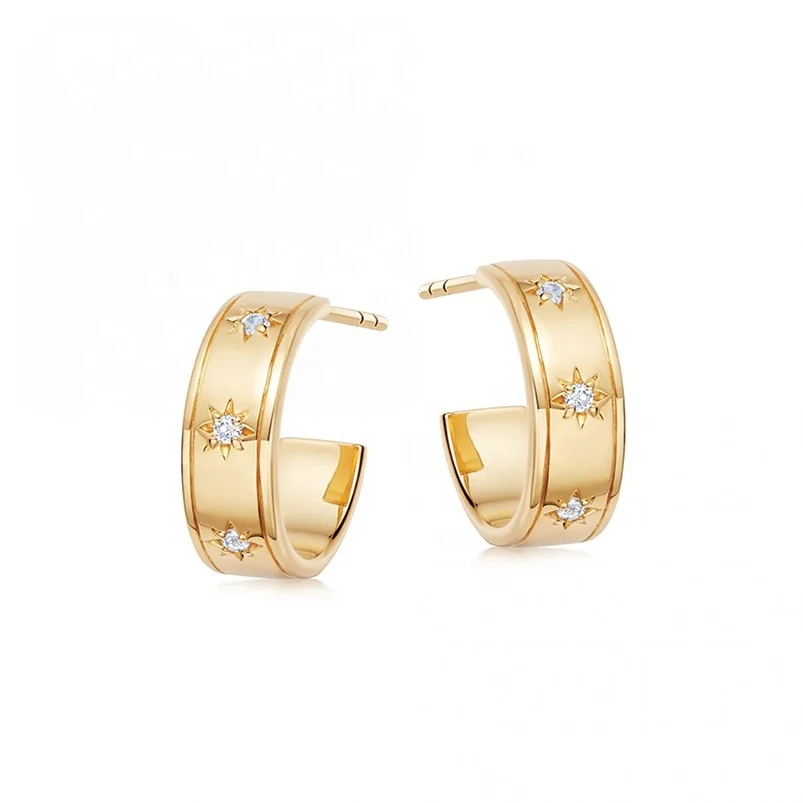 

Gemnel Fashion brass 18K gold Trendy starburst diamond hoop huggie earrings women, 14k gold/18k gold/rose gold /silver