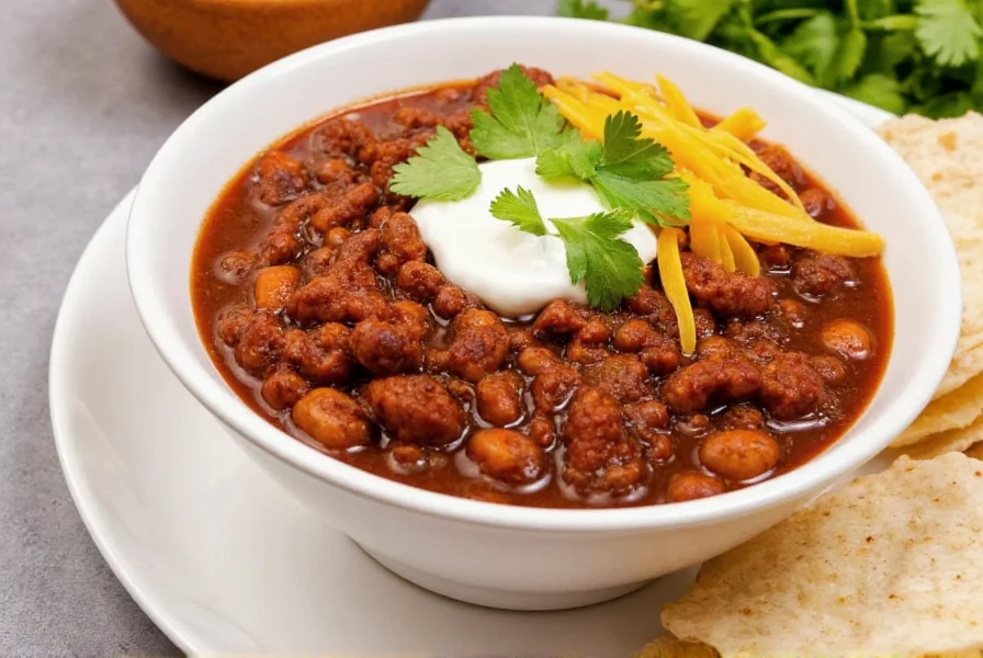 Serving deer meat chili with toppings including sour cream, shredded cheese, and fresh cilantro