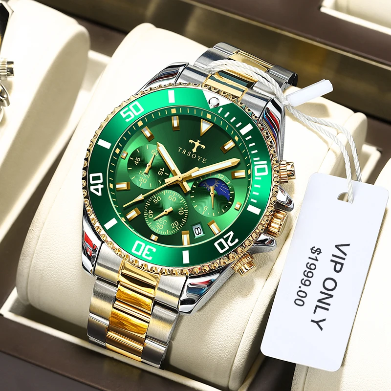 

Men Fashion Luxury Brand Quartz Private Label Chronograph Watch Stainless Steel Quartz Wrist watches gold luxury TRS688, Black, green, gold, silver