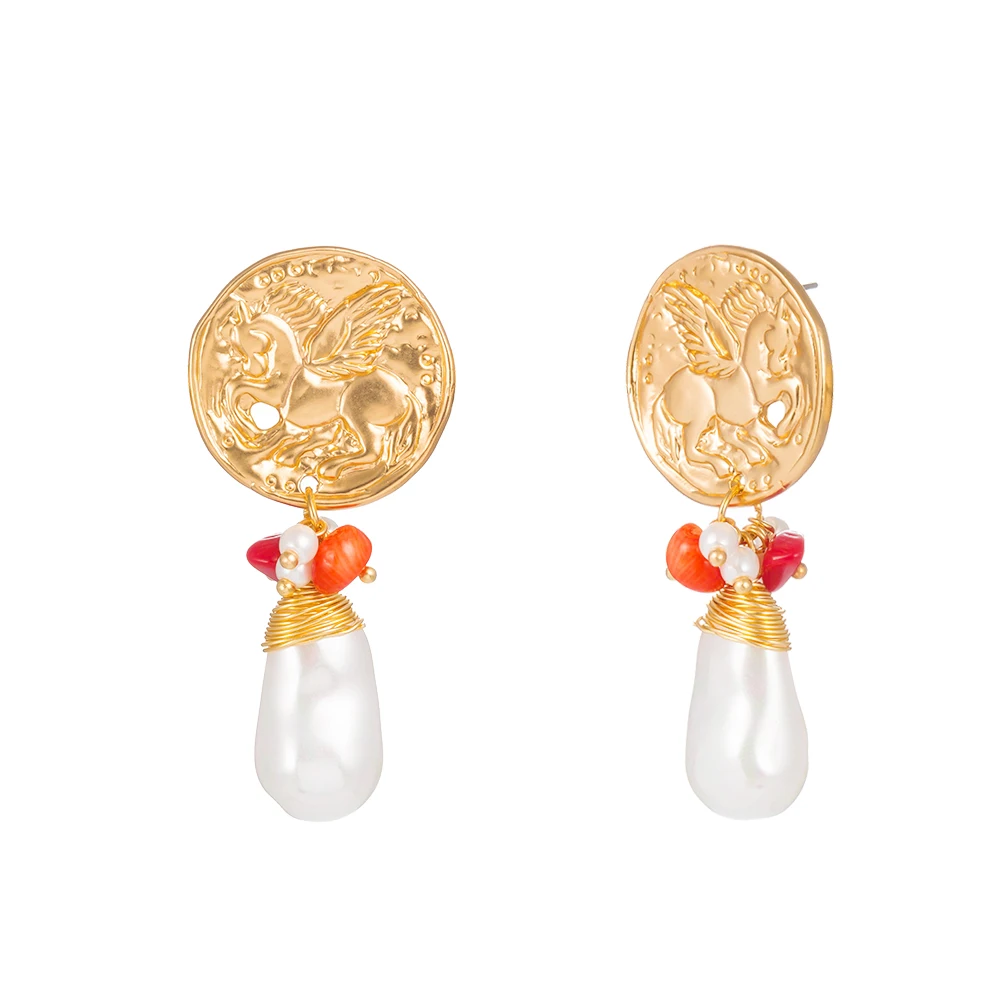 

Dumb gold pegasus Pattern Alloy Earhook Baroque Pearl Natural Red Coral Earrings Woman Jewelry