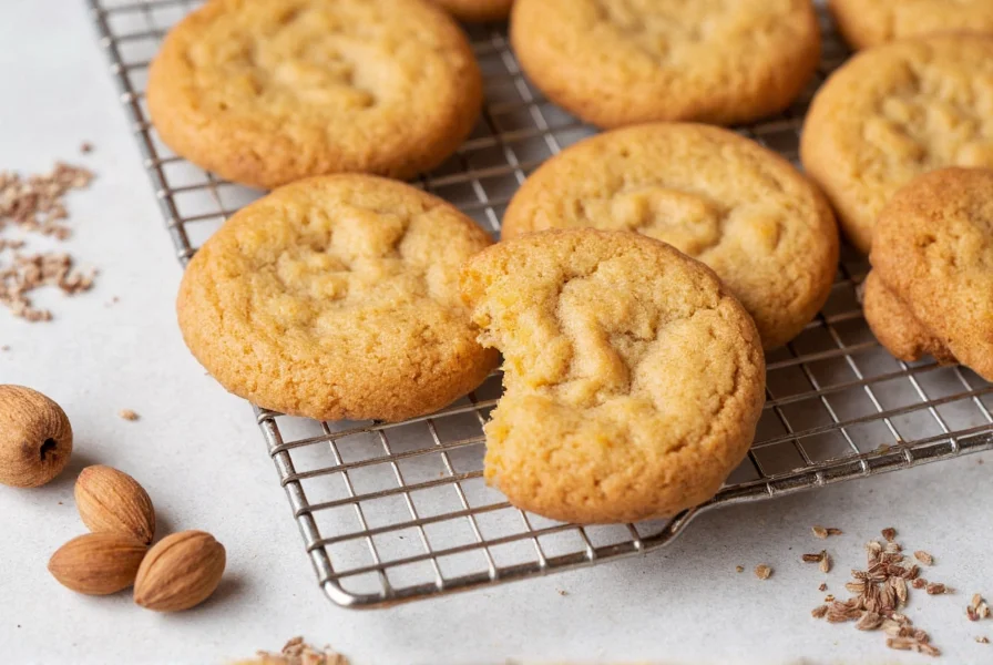 Golden brown nutmeg cookies arranged on cooling rack with whole nutmeg seeds