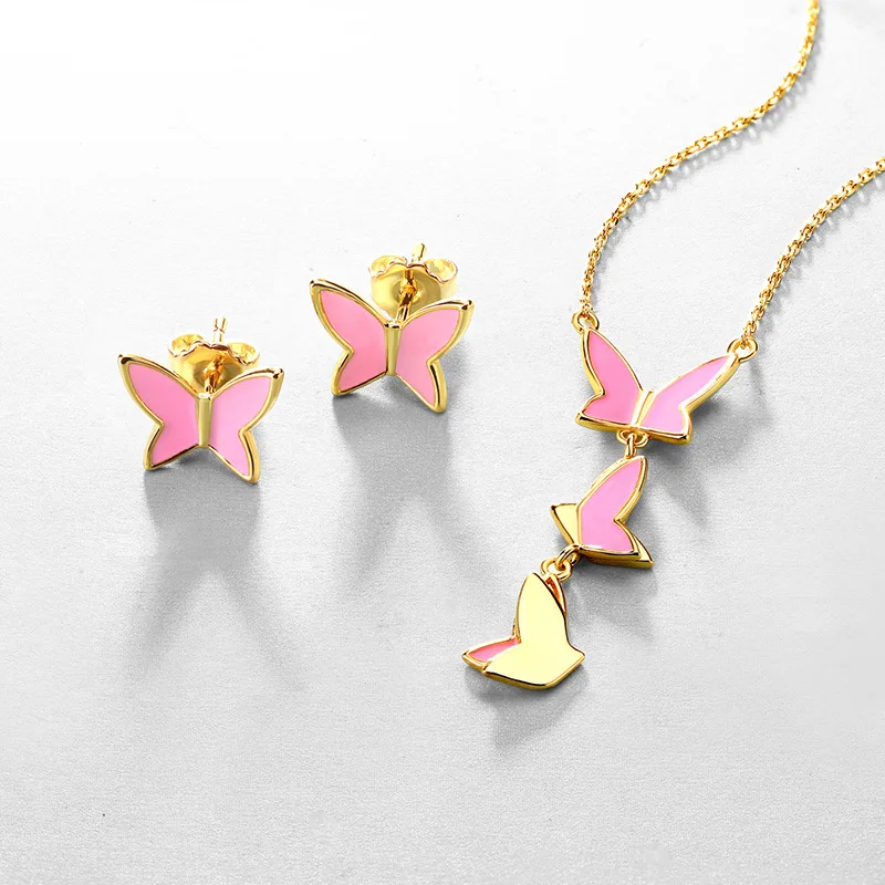 

Natural female fashion natural joker 9k yellow gold plateg S925 silver butterfly pendant necklace, Pink