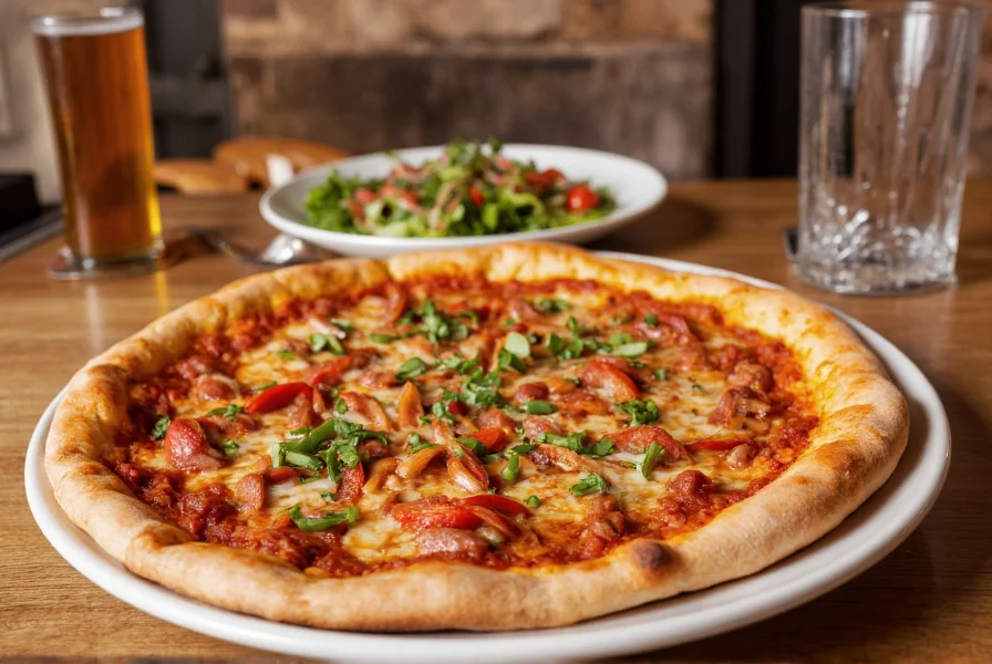 Chili pizza served with side salad and craft beer in casual dining setting